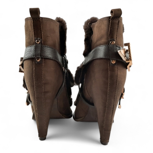 IVY KIRZHNER Shearling Rose Gold Harness Stud Leather Olive Brown Heeled Boot 8 - Picture 9 of 14